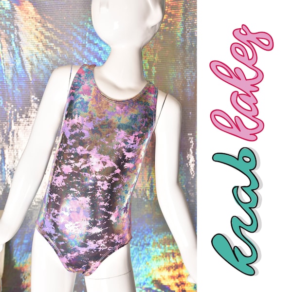 Girls Metallic Leotard. Metallic Racer Back One-Piece distressed.  Gymnastics, Dance and Swimwear. Girls Activewear. Skirt sold Separately.