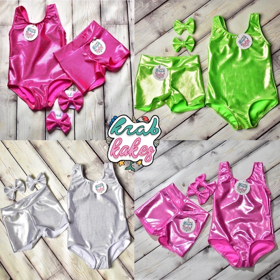 Girls Leotard and Shorts.  Matching Set. Leotard, Shorts, and Piggy Bows