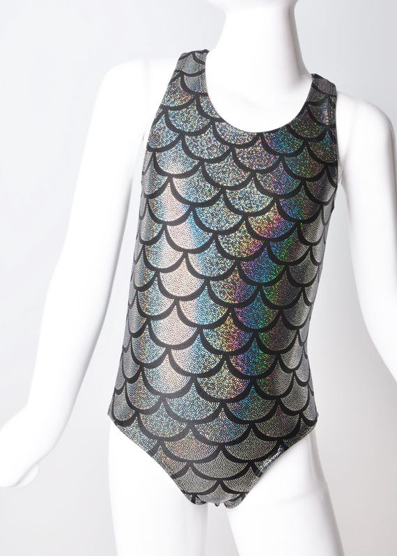 Girls Mermaid Swimsuit or Leotard Silver. Metallic Mermaid Racer Back Bathing Suit, With Open Back. One Piece Swimsuit, Gymnastics, Dance