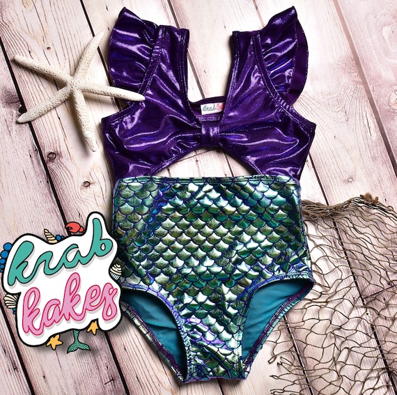 Girls Mermaid Swimsuit.  Metallic Purple and Green Foil Scales Swimwear.  One-Piece Little Mermaid Inspired Swimsuit