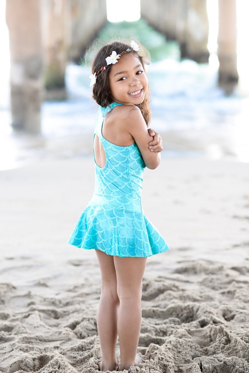 Girls Mermaid Aqua Swimsuit. Metallic Mermaid Racer Back | Etsy