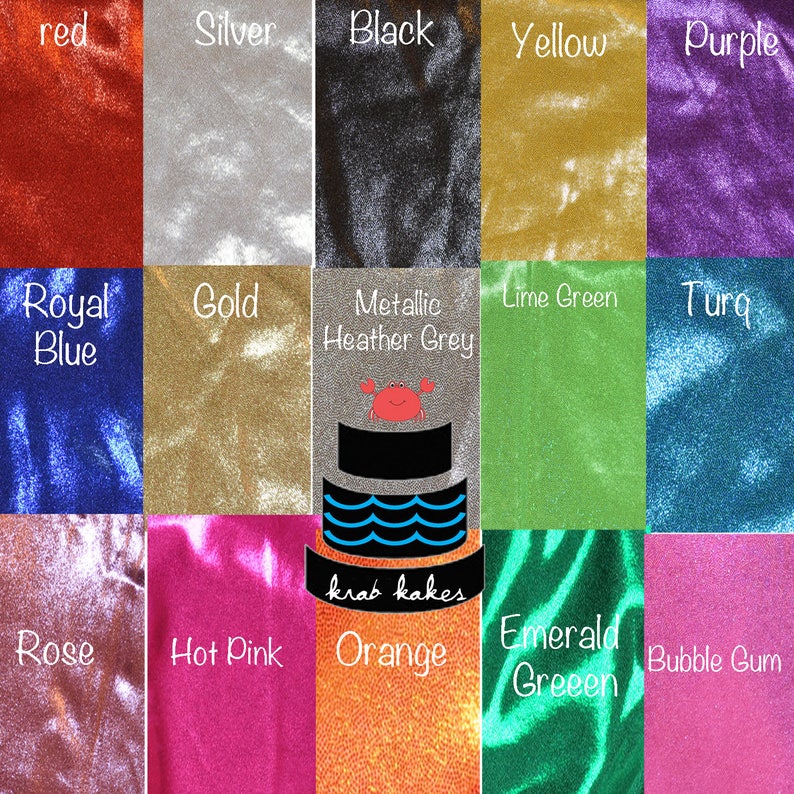 May include: A chart of 15 different colored fabric swatches with the names of each color written above them. The colors include red, silver, black, yellow, purple, royal blue, gold, metallic heather grey, lime green, turquoise, rose, hot pink, orange, emerald green, and bubble gum.