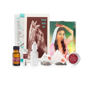 May include: Henna body art kit with a box of henna powder, a bottle of eucalyptus oil, a henna nib, a bottle of henna oil, two tea bags, and a small jar of henna love balm.