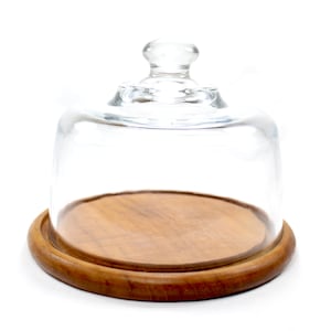 Vintage Spanish Wood Cheese Tray with Glass Cloche (6&quot;W x 6 1/2&quot;H)