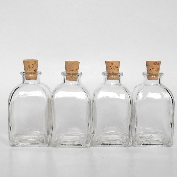 Small square clear glass bottles set (4), 4 small glass bottles with cork, 3.4 oz, 100 ml, small glass vase, DIY gift, wedding party favor