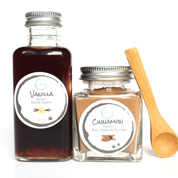 ORGANIC VANILLA CINNAMON set | 1.5 oz Ceylon cinnamon Fair Trade | 3.4 oz vanilla | glass containers | organic bake lovers gift