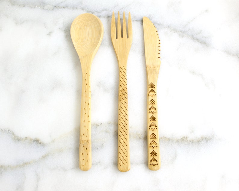 Bamboo utensils set Medium bamboo spoon fork knife set 7 Etsy