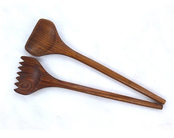 VINTAGE large wooden spoon fork set 12-inch | unique wooden utensils set | salad serving wooden spoon fork set | dark wood large spoon fork