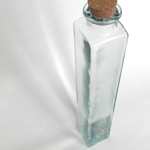 Large square glass bottle, Spanish bottle, recycled glass bottle, decorative bottle, tall vase, with cork, 16.9oz / 500ml, height 12 1/4"