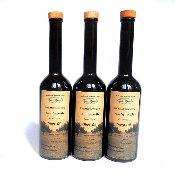 ORGANIC SPANISH Extra Virgin Olive Oil lot (3), picual olives, first cold pressed olive oil, unrefined, artisan oil, 13 oz, 375 ml, gift set