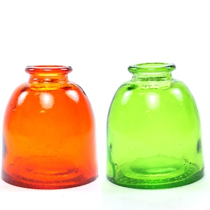Green orange round glass bottles 6 oz. | green orange recycled glass bottles | green orange colored glass vases | bold colors wedding party