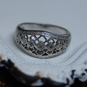Vintage Medieval Renaissance 3 Diamond 925 Sterling Milgrain Lattice Filigree Anniversary Wedding Cigar Band #BKB-RNG258