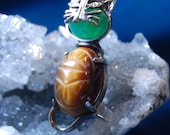 D 39 Or Egyptian Scarab Beetle Cut Jelly Belly Jade and Tiger Eyed Tummy and Head Cat Brooch in Vintage Sterling BKB-KBRCH211