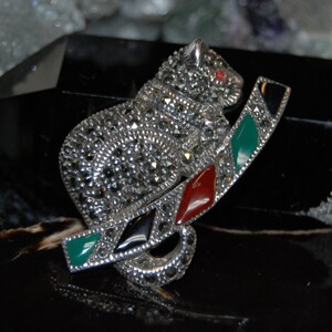 Vintage Sterling Silver Kitty Cat Feline Marcasite and Enamel Brooch #BKB-KBRCH238