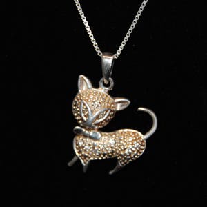 Vintage Exotic Kitty Cat Pendant Necklace in Sterling and CZ Stones #BKB-KNCKL02