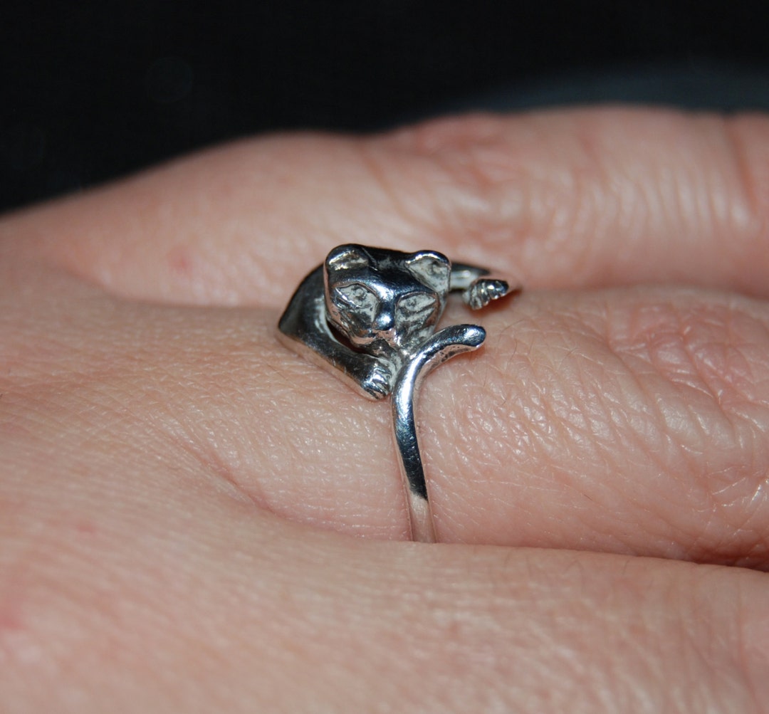 Vintage Sterling Silver Kitty Cat Climbing Wrap Ring 925 #BKC