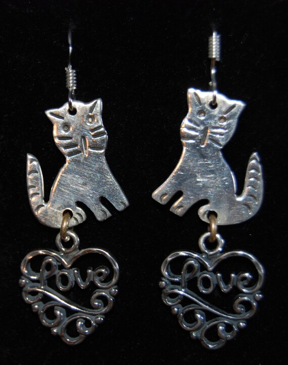 Vintage Kitty Cat Sterling Earrings Feline #BKC-K… - image 1