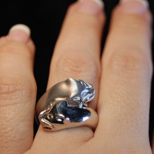 Double Kitty Cat Panther Heads in Polished and Brushed Sterling Vintage Large Bold Ring #BKB-KRNG141