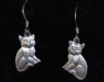 Vintage Kitty Cat Sterling Earrings French Hook Feline #BKC-KERNG123