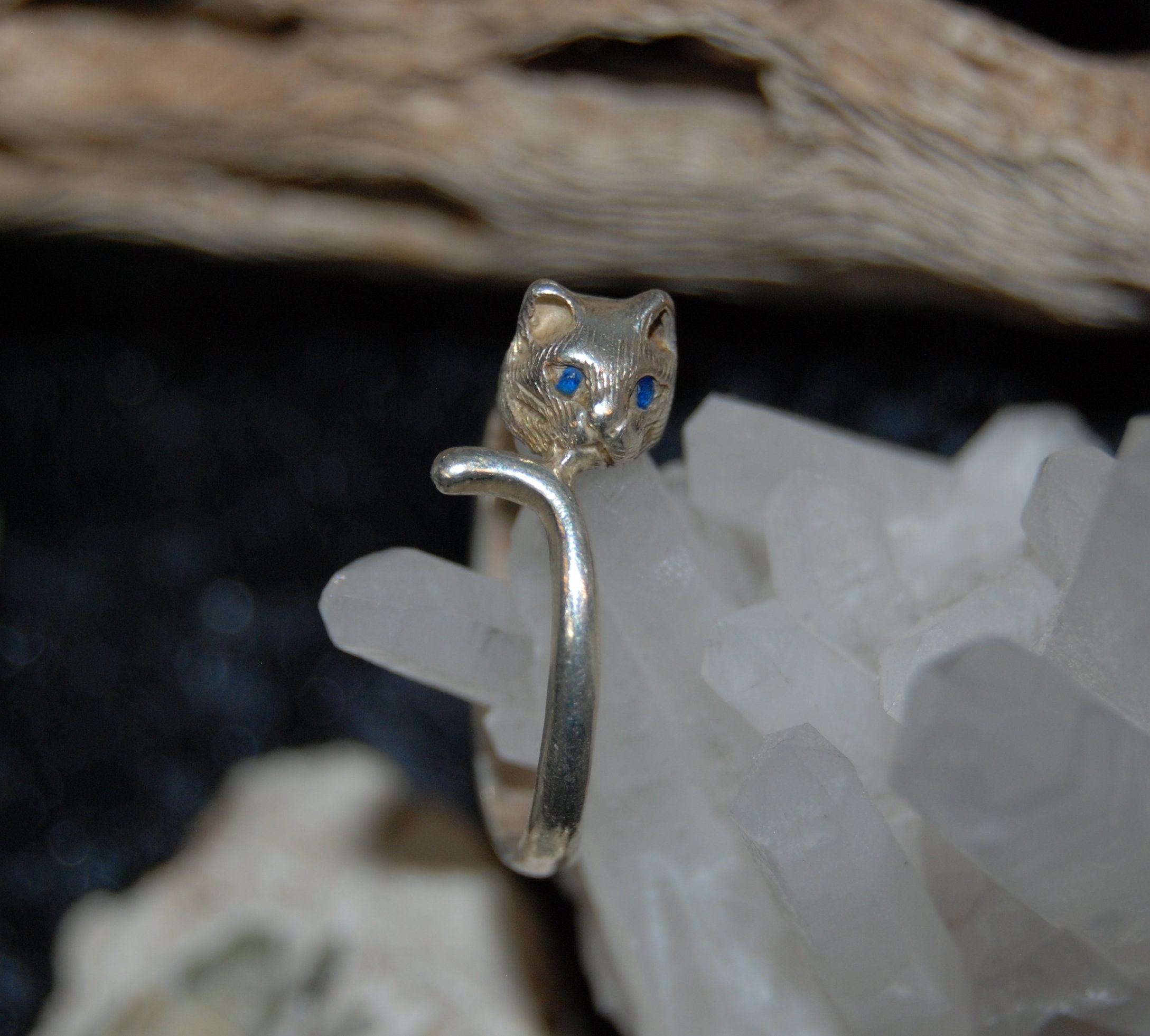 Vintage Sterling Silver Blue Sapphire Eyed Kitty Cat Climbing Wrap