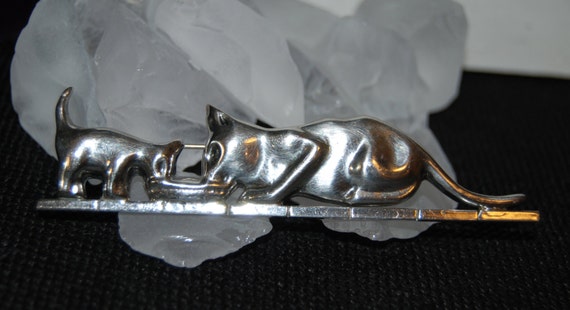 Vintage Sterling Silver Kitty Cat Mama and Baby w… - image 3