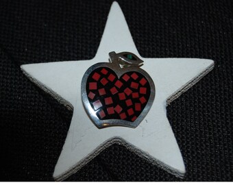 Vintage Apple Black Red and Green Squares Teacher Back to School Enamel Brooch