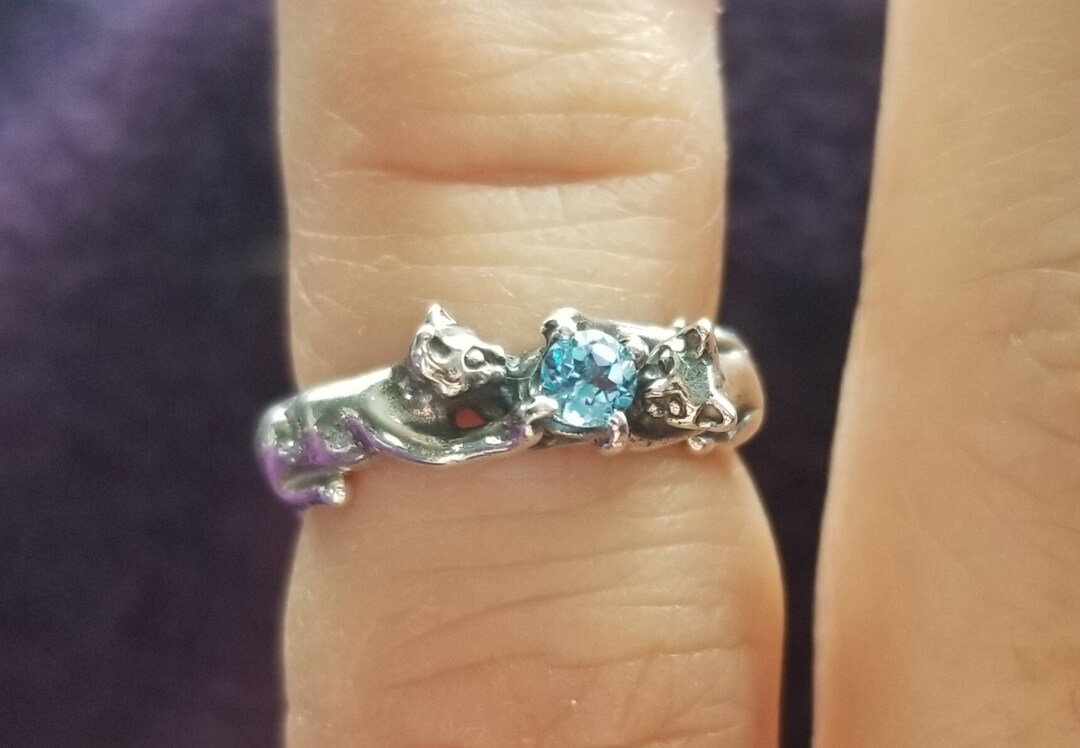 く日はお得♪ Handmade in Ring Band Cat Double Topaz Cut Blue Unique その他