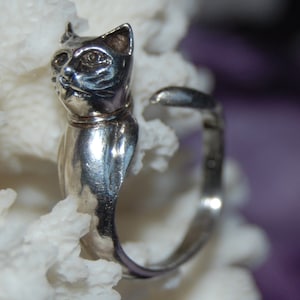 Vintage Sterling Silver Unique Reverse Kitty Cat Climbing Wrap Around Tail Ring 925 (9)