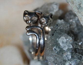 Vintage Sterling Silver Kitty Double Trouble Duo Cats Climbing Wrap Around 2 Tail Ring 925