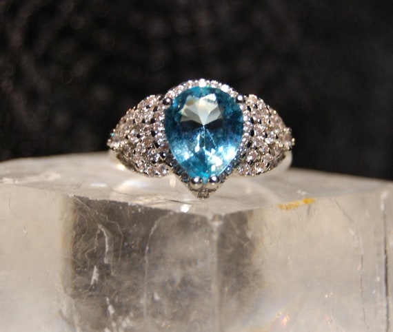 Blue Topaz Pear or Teardrop Diamond Halo Set Pave… - image 2