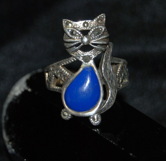 Vintage Sterling Silver Kitty Cat Marcasite and T… - image 2