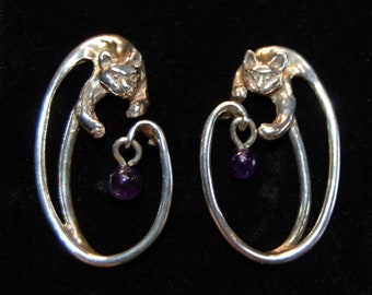 Vintage Amethyst Sterling Silver Kitty Cat Earrings #BKB-KERNG105