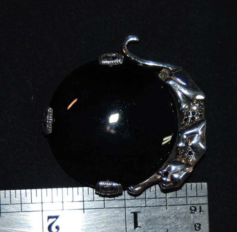 Marcasite Studded Vintage Sterling Silver Big Wild Cat Panther atop a Large Polished Cabochon Onyx Brooch Pin Pendant Combo #BKB-KBRCH306