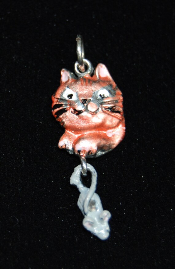 Vintage Silver Enameled Kitty Cat and Mouse Dangle
