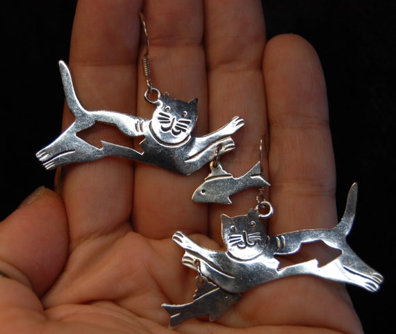 Vintage Kitty Cat with Cut Out Fish Sterling Earr… - image 1