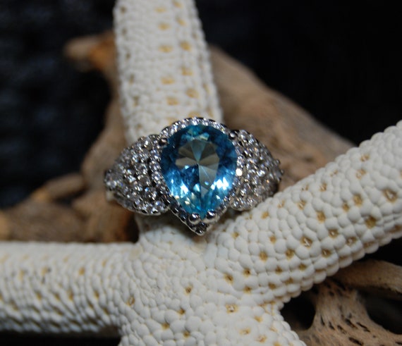 Blue Topaz Pear or Teardrop Diamond Halo Set Pave… - image 1