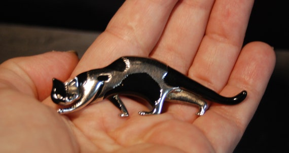 Vintage Silver and Black Enameled Prowling Calico… - image 2