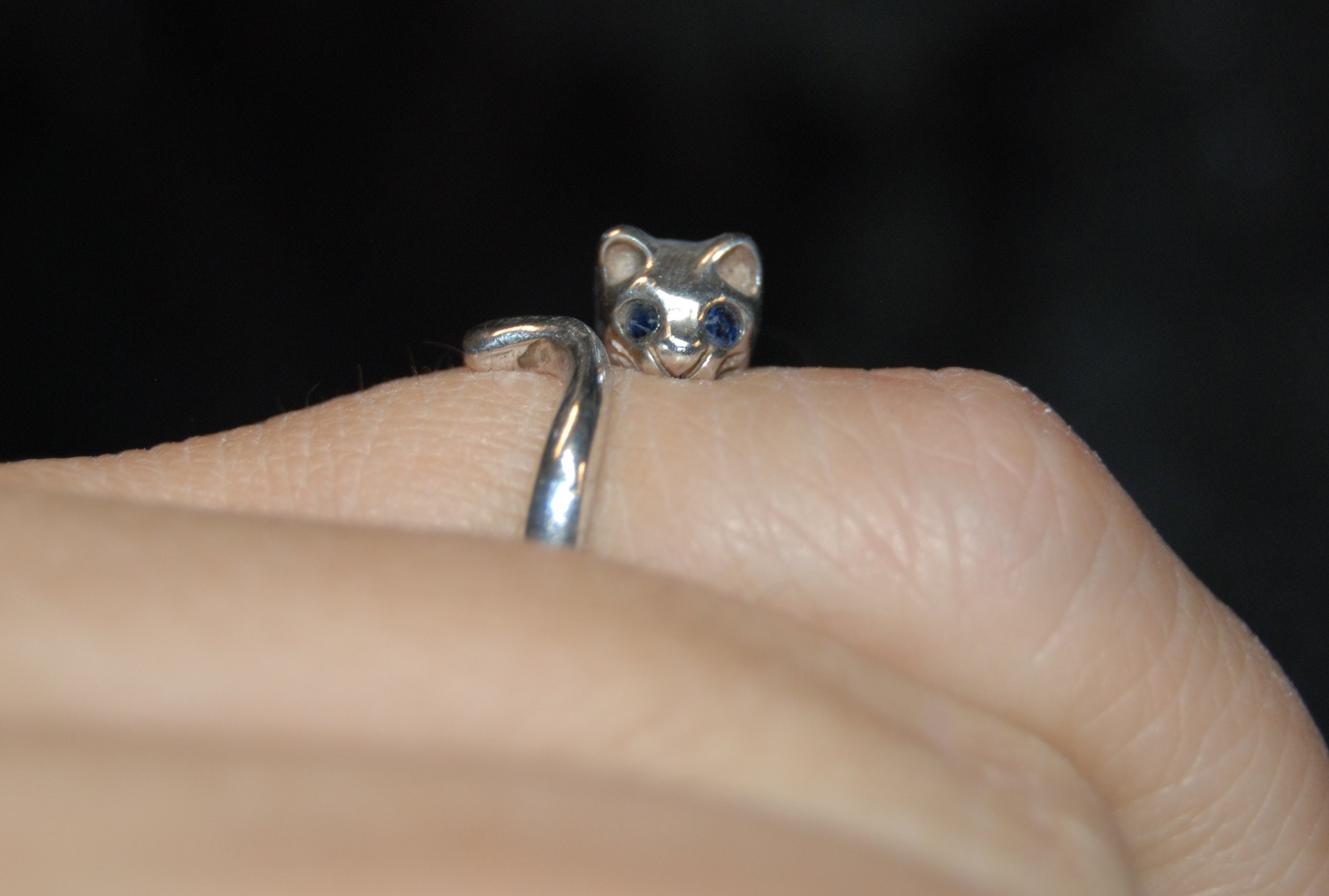 Vintage Sterling Silver Blue Sapphire Eyed Kitty Cat Climbing Wrap