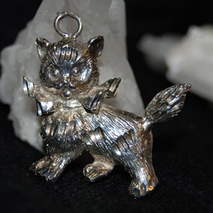 Könnte beinhalten: Silberfarbener Katzenanhänger mit Fliege. Die Katze ist in einer stehenden Pose mit detaillierter Fellstruktur dargestellt. Der Anhänger hat oben eine Schlaufe zum Befestigen an einer Kette oder einem Armband. Der Hintergrund ist verschwommen, mit weißem Stein und schwarzem Stoff.