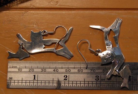 Vintage Kitty Cat with Cut Out Fish Sterling Earr… - image 7