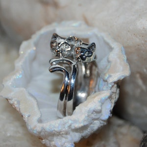 Kitty Double Trouble Duo Cats Climbing Wrap Around 2 Tail Vintage Sterling Silver Ring 925 #BKC-KWR84
