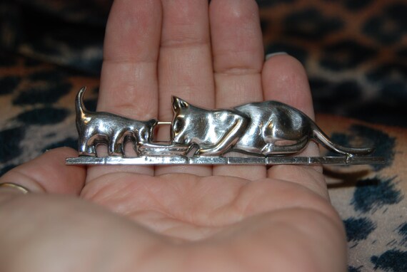 Vintage Sterling Silver Kitty Cat Mama and Baby w… - image 1