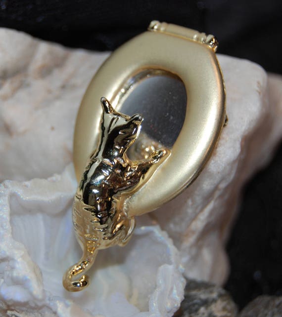 Vintage Gold Kitty Cat in the Toilet Bowl Mirrored
