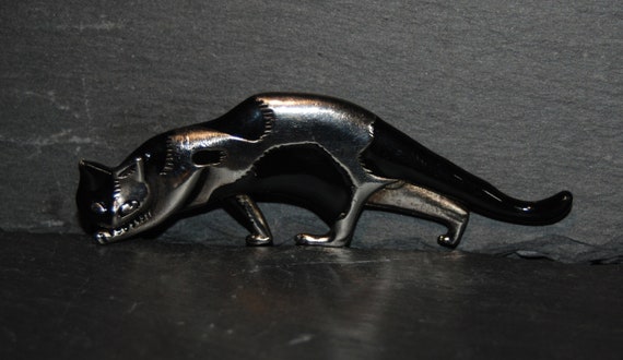 Vintage Silver and Black Enameled Prowling Calico… - image 1