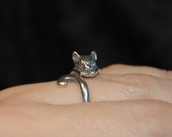 Vintage Sterling Silver Kitty Cat Climbing Fox Chase Wrap Ring 925