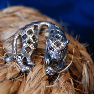 Sleek Collared  Ruby Red Eyed Marcasite Panther Kitty Cat Feline Vintage Slide Pendant in Sterling Silver #BKB-KCHRM277