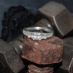 Journey Three Stone Princess Ascher Cut Sterling Vintage Ring #BKC-RNG188