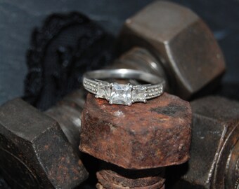 Journey Three Stone Princess Ascher Cut Sterling Vintage Ring #BKC-RNG188