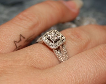 Vintage Princess Illusion Mid Century Princess Diamond 925 Sterling Pave Halo Milgrain Engagement Wedding Solitaire Ring #BKC-RNG132