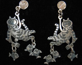 Vintage Silver Scuba Diving Snorkel Deep Sea Diver Fishing Kitty Cats with Forks Ocean Fantasy Post Dangle Earrings #BKB-KERNG120